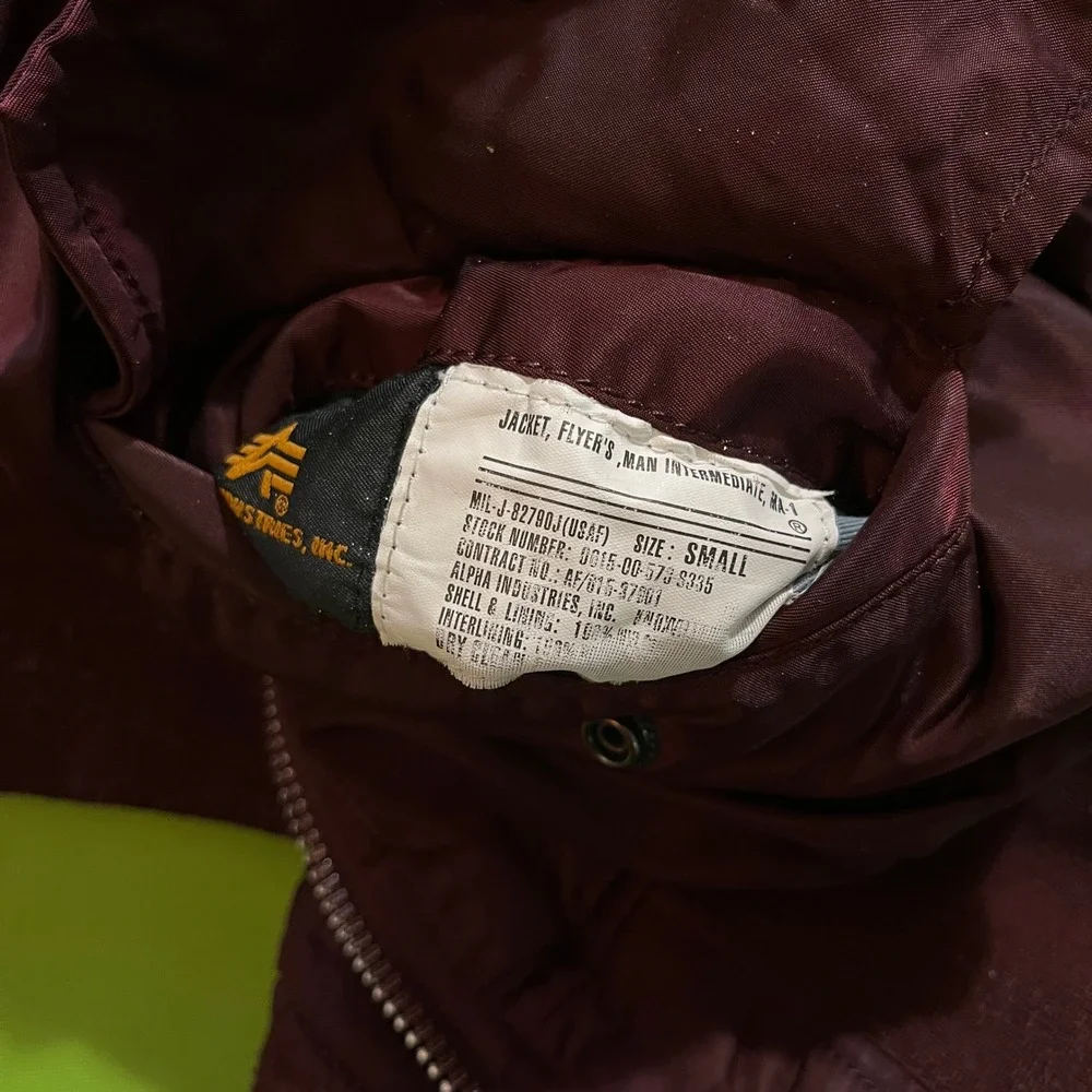 VTG Alpha Industries MA-1 Flight Jacket Maroon Burgundy Reversible Orange Small